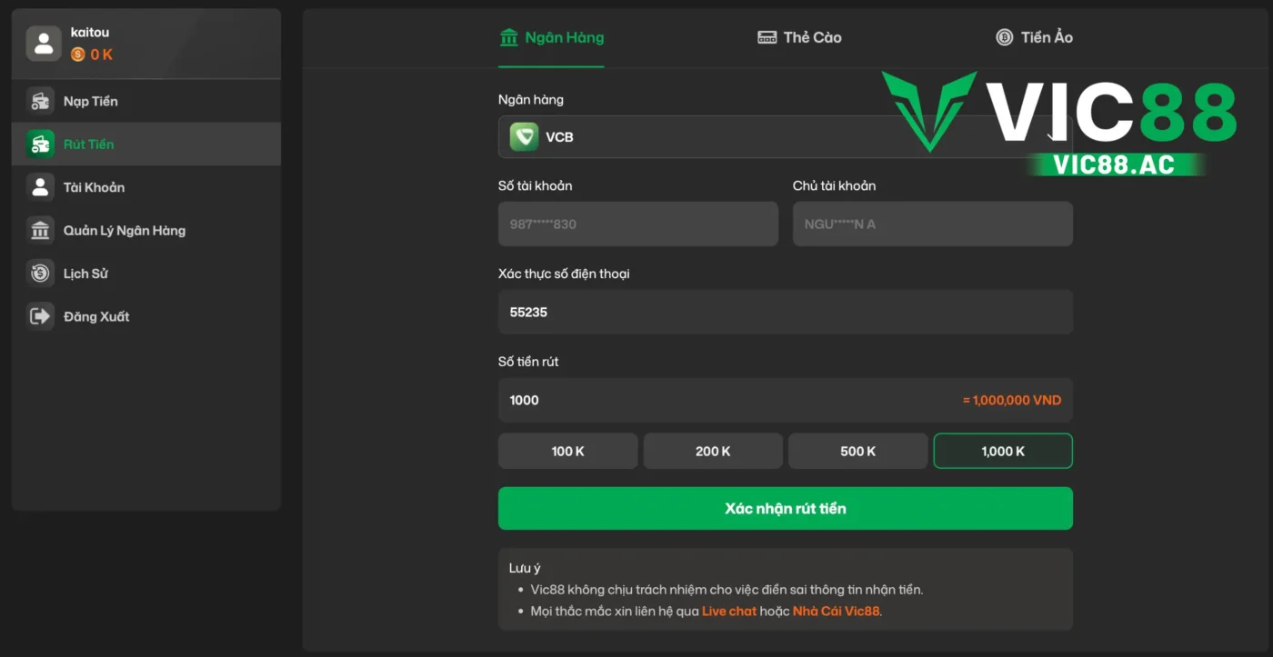 Rút tiền tài khoản vic88 uy tín, bảo mật, siêu tốc